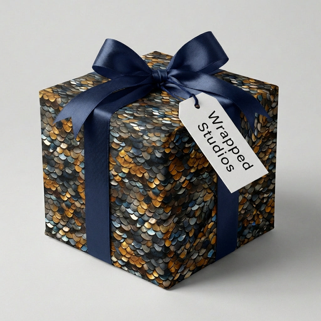 Dragon scales wrapping paper on gift box with sequin pattern and navy ribbon, featuring a 'Wrapped Studios' tag on a light gray background.
