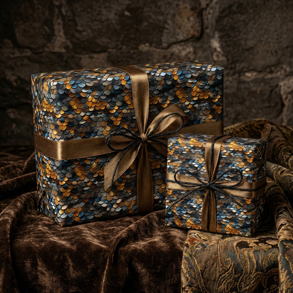 Two luxury gifts wrapped in iridescent scale-pattern paper with satin ribbon.