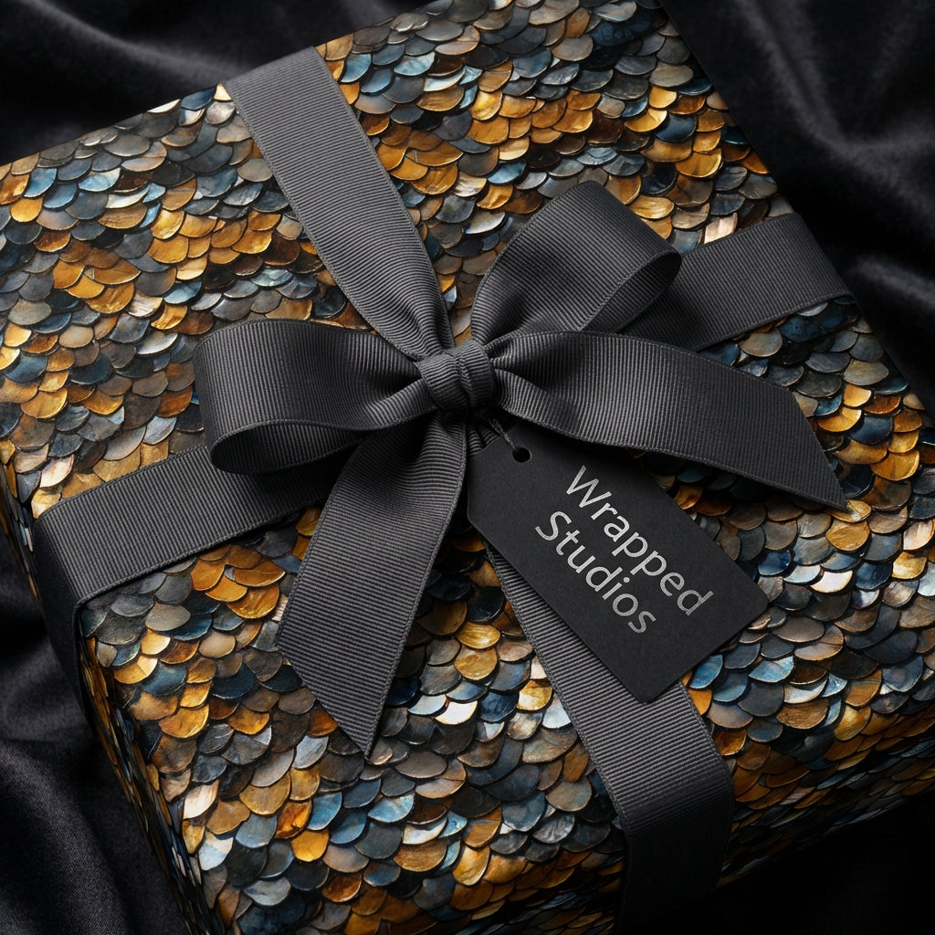 Luxury gift wrap: Scales pattern in gold, blue & black, tied with a gray ribbon and bow, set on black silky fabric.