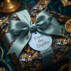 Elegant gift wrapped in shimmering teal and gold scale-patterned wrapping paper with teal satin ribbon.