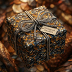 Gift box with metallic wrap and string bow, featuring 'Wrapped Studios' label.