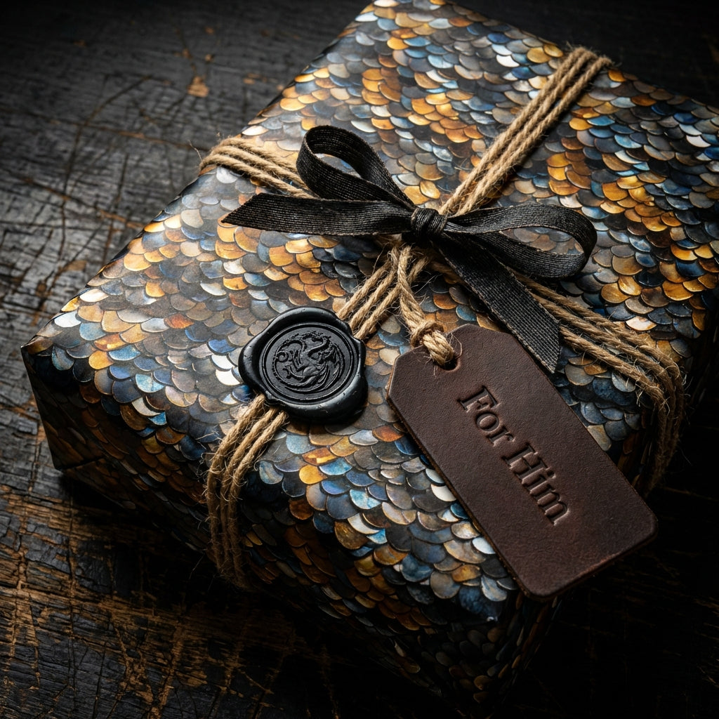 Luxury gift wrap with gold and blue iridescent scale pattern, black ribbon, twine, and "For Him" tag.