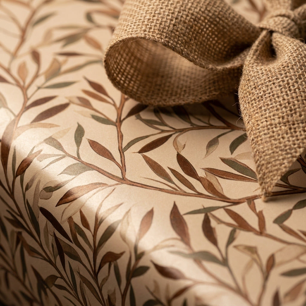 Rustic botanical wrapping paper with leaf pattern and a rustic burlap bow by Wrapped Studios.