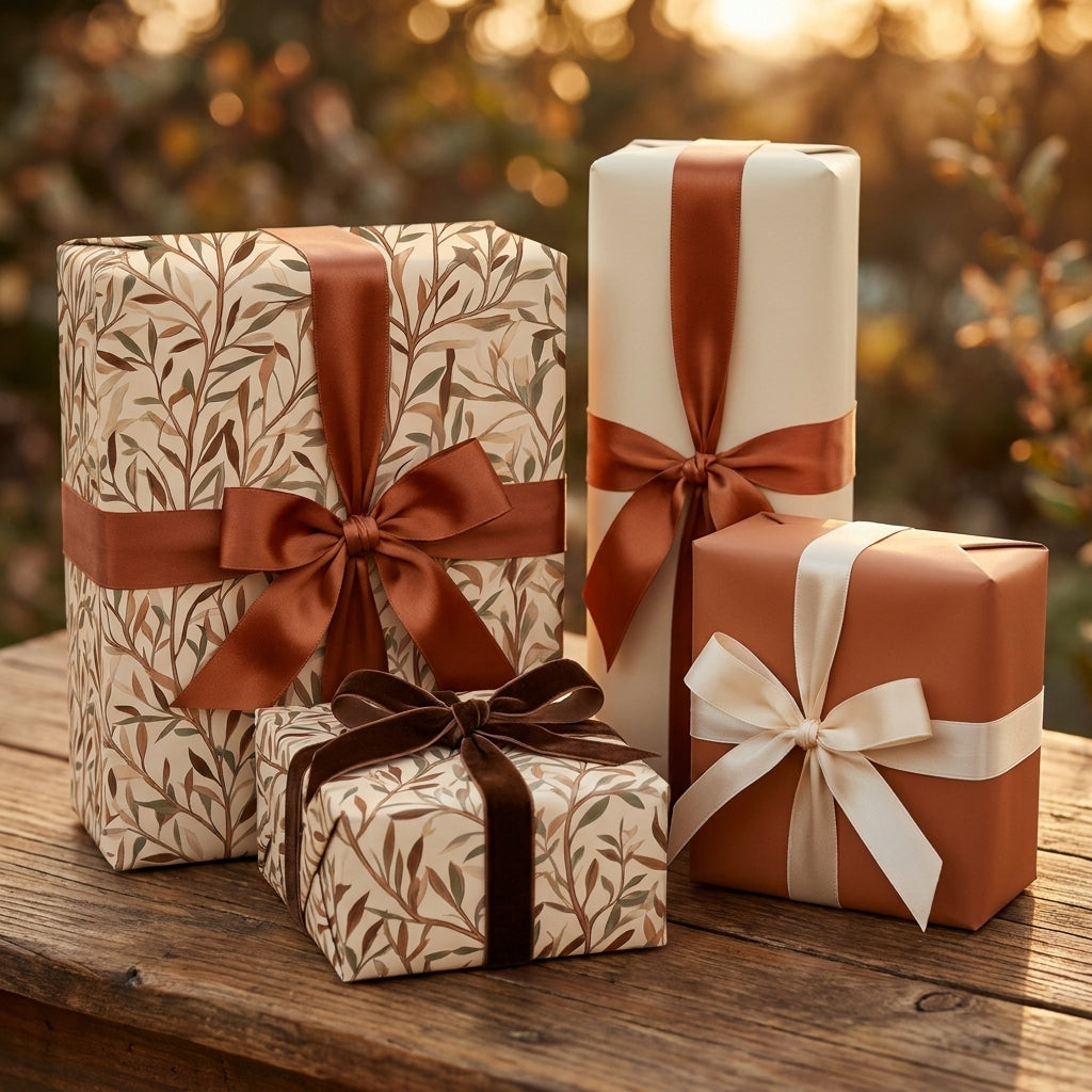 Rustic botanical wrapping paper and luxury earth tone gift wrap with satin bows by Wrapped Studios.