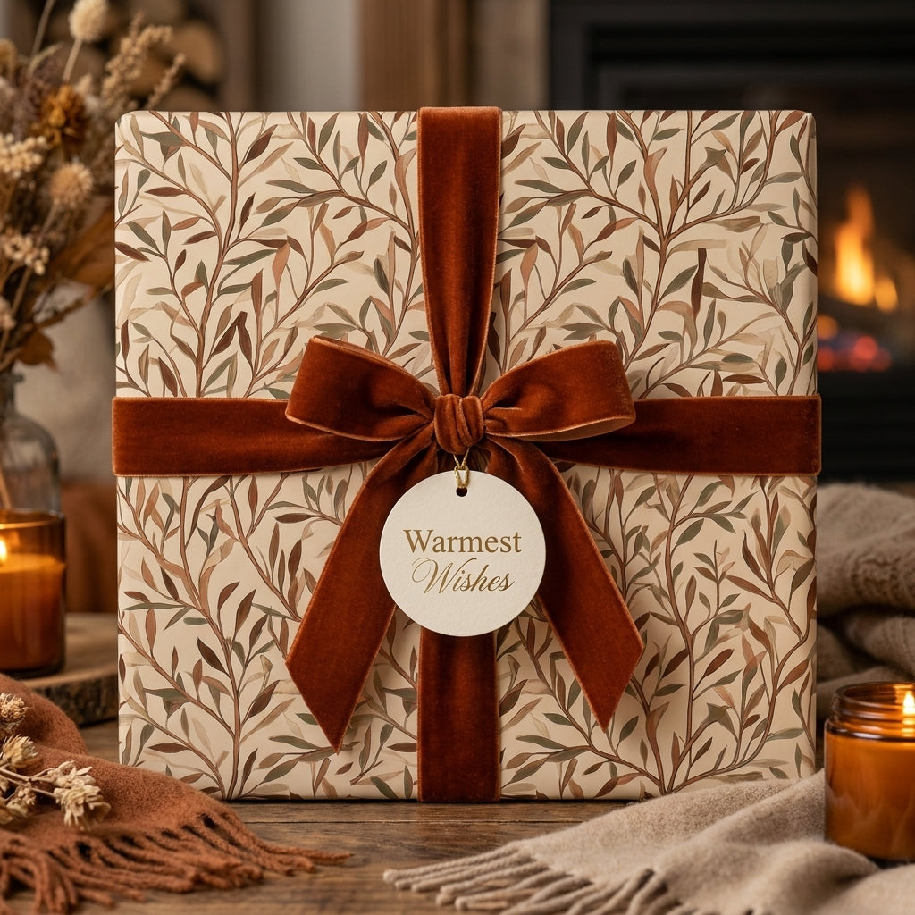 Luxury botanical wrapping paper by Wrapped Studios, featuring a rust velvet bow for cozy holiday gifting.