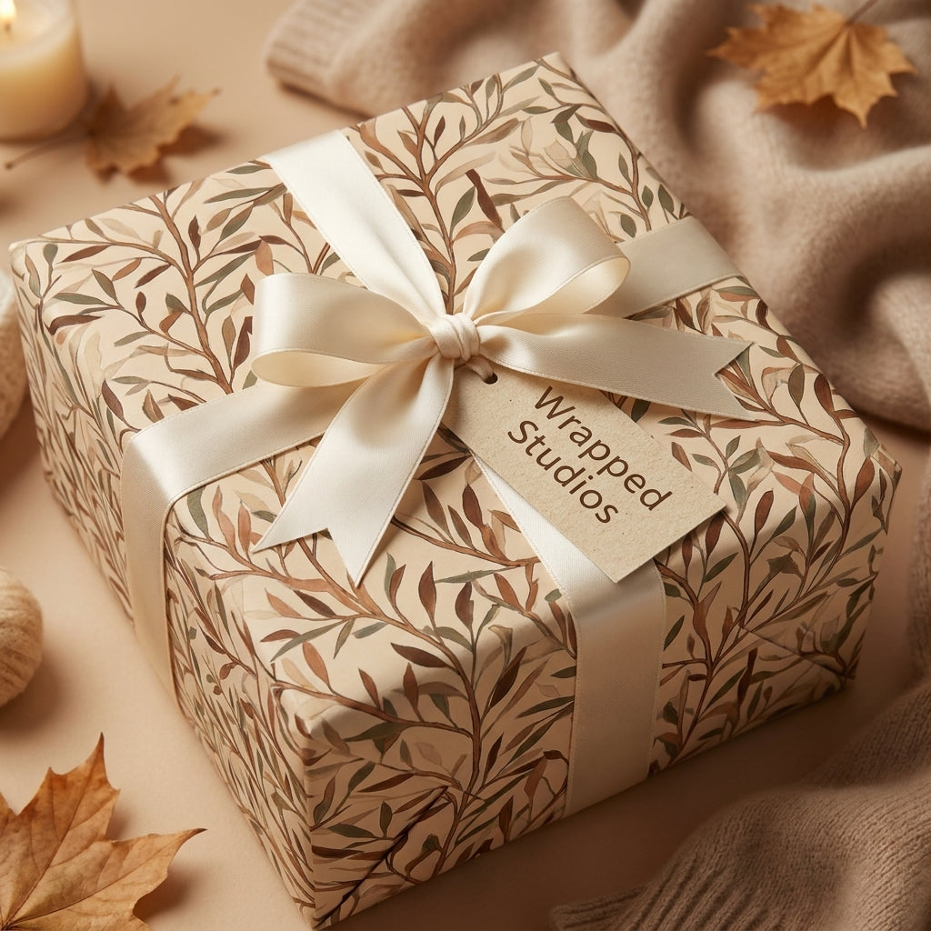 Luxury botanical wrapping paper by Wrapped Studios with a cream satin bow and cozy autumn leaves.