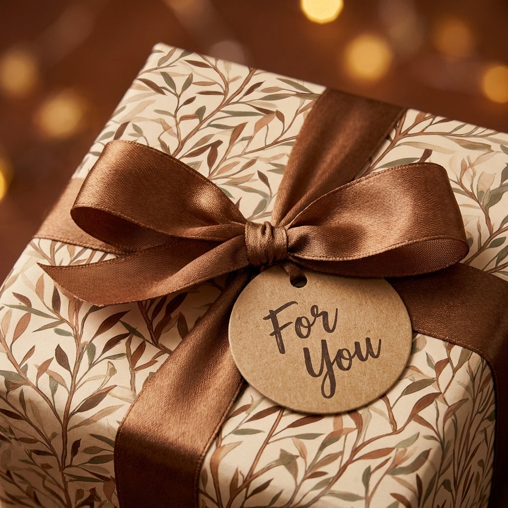Elegant botanical wrapping paper with a brown satin bow and 'For You' gift tag by Wrapped Studios.