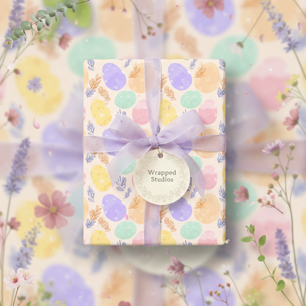 Pastel Easter egg wrapping paper with sheer ribbon and floral accents for a spring celebration.