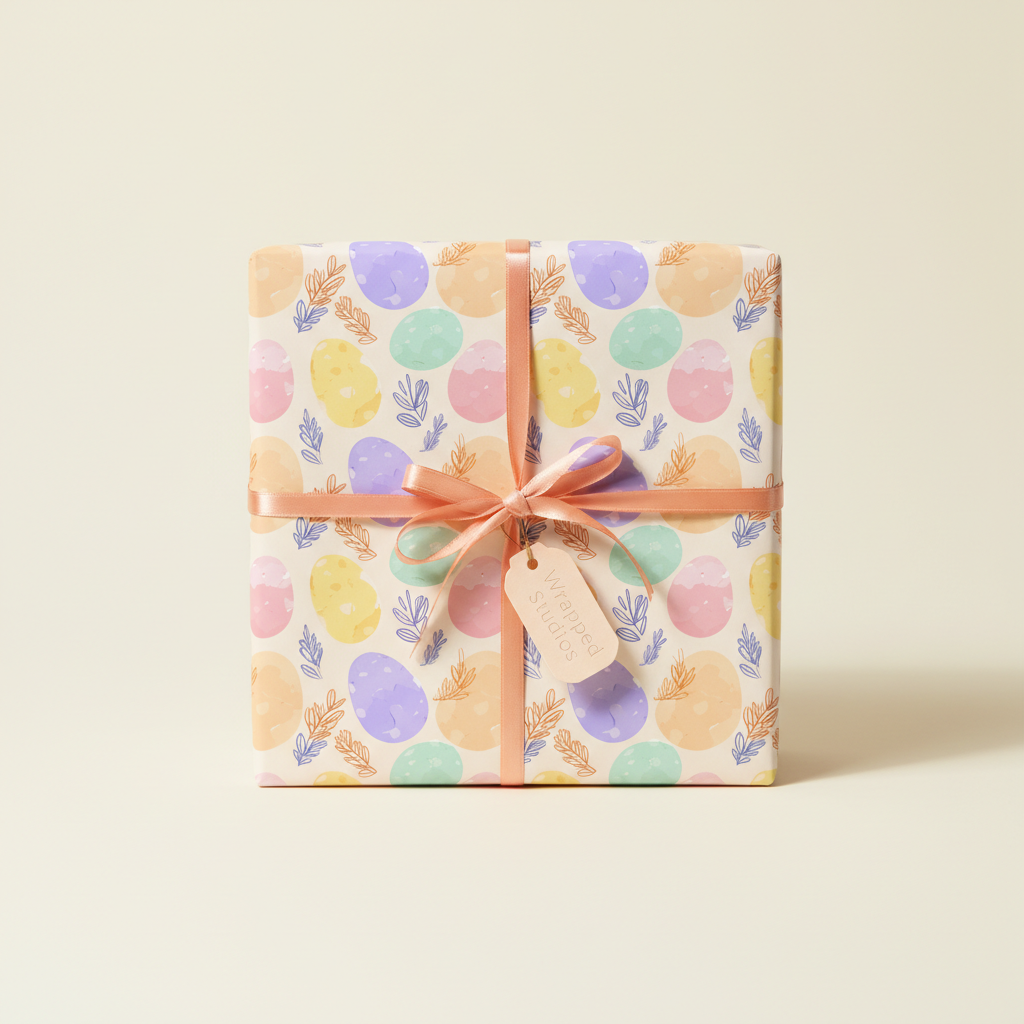 Pastel Easter wrapping paper with egg and leaf pattern, tied with a peach ribbon.