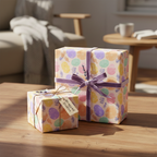 Watercolor Easter gift wrap with pastel eggs, tied with velvet ribbon for a luxury present.