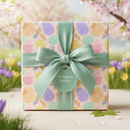Pastel Easter wrapping paper with egg pattern and mint green ribbon, perfect for springtime gifts.