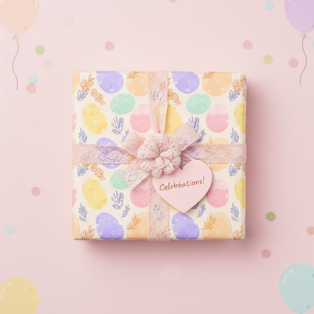 Square gift wrapped in watercolor Easter egg wrapping paper with lace ribbon bow.