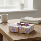 Easter gift wrapped in pastel egg print paper, tied with a lavender ribbon.