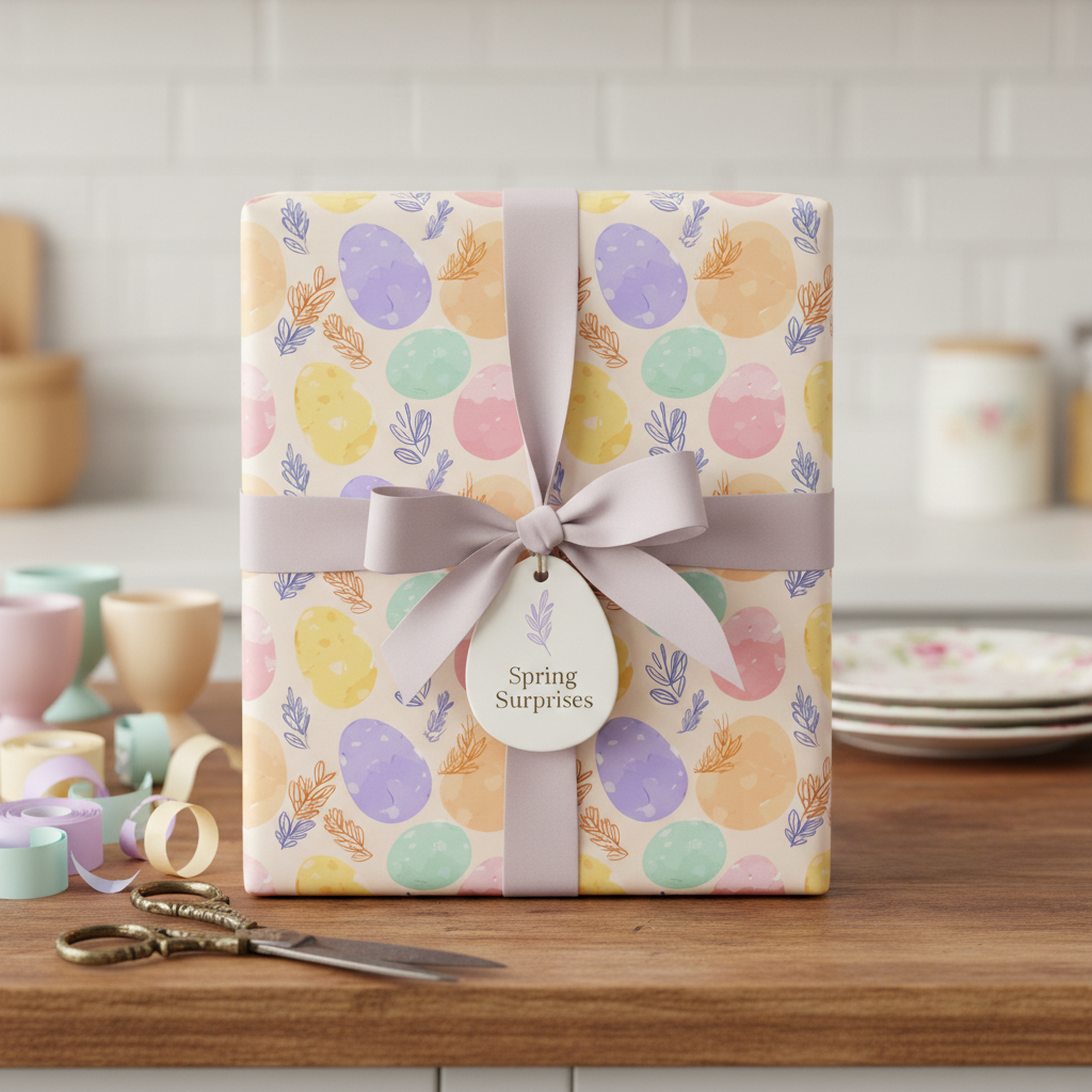 Gift wrapped in pastel Easter egg wrapping paper with a lavender ribbon and "Spring Surprises" tag.