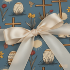 Easter gift wrapped in blue paper with floral, eggs, cross and bunny design, finished with a cream-colored ribbon.