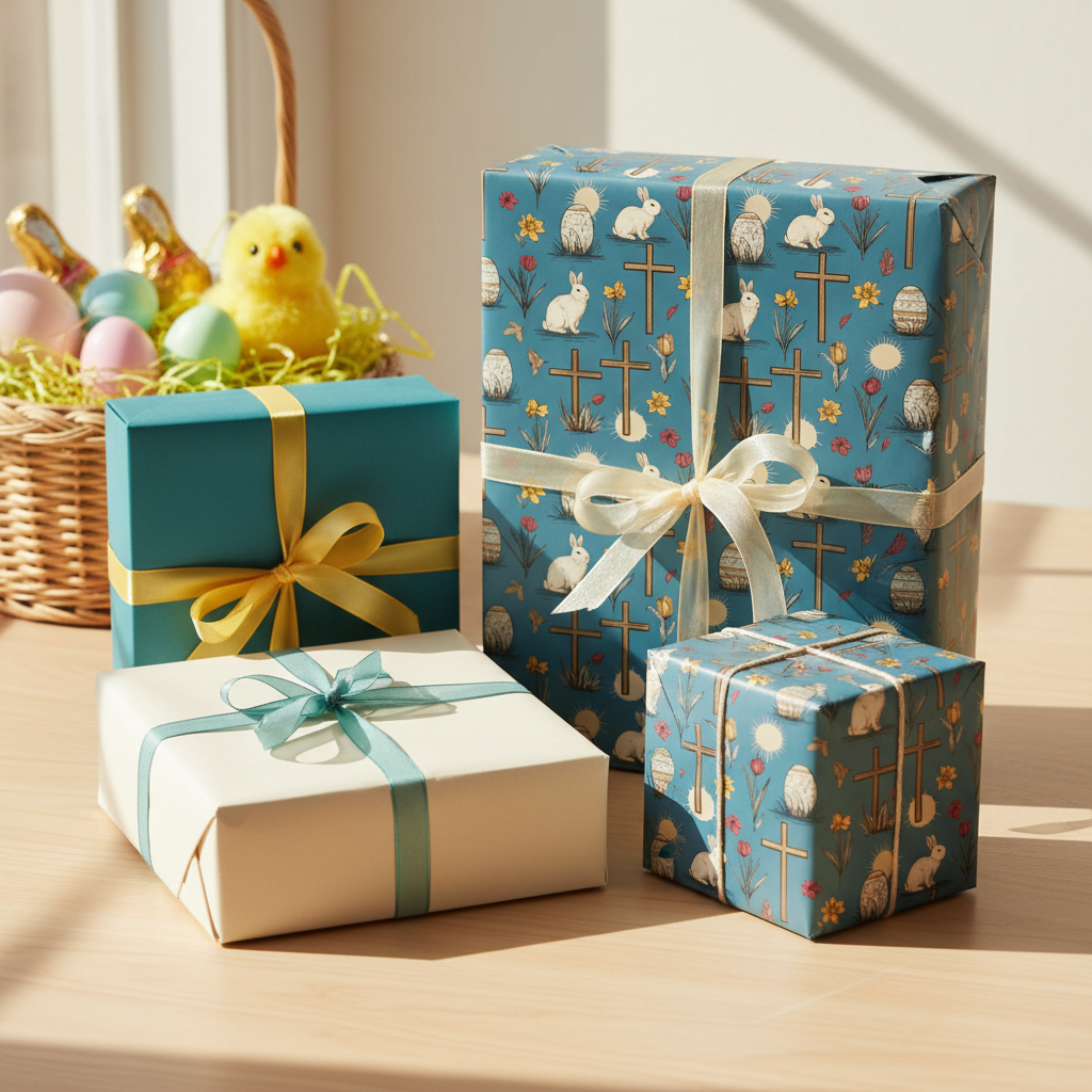 Elegant Easter gift wrap with bunny, cross, and flower pattern on teal background, tied with ribbons.