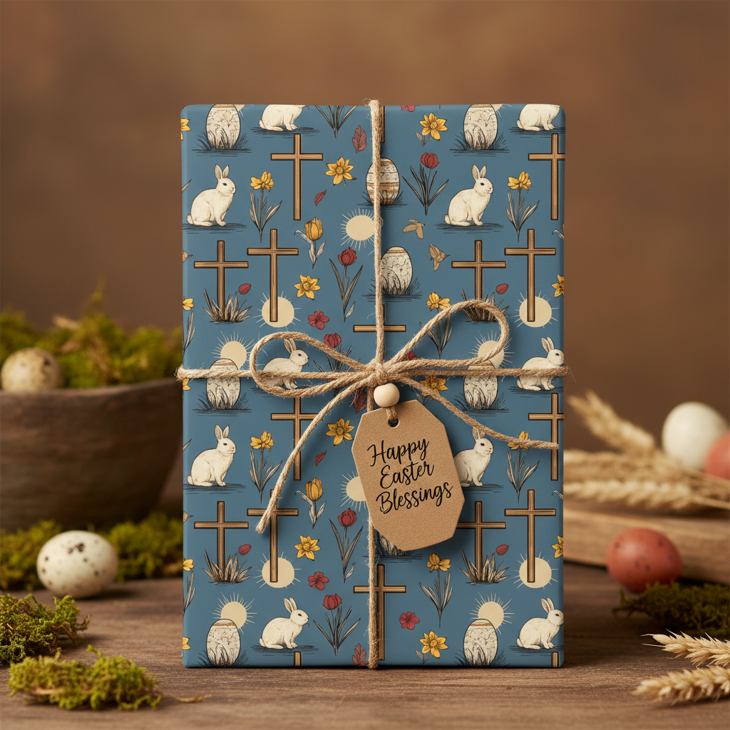 Gift wrapped in blue Easter wrapping paper with rabbits, flowers, crosses, and a twine bow.