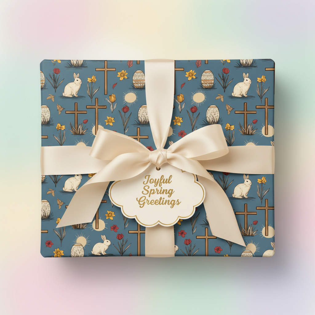 Gift wrapped in blue Easter wrapping paper with a floral, cross, egg and bunny pattern, tied with a cream ribbon.