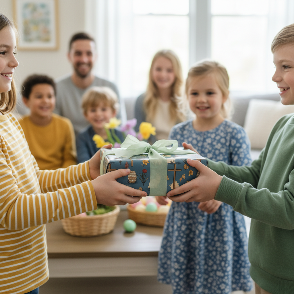 Kids exchanging a gift wrapped in elegant blue Easter wrapping paper with a soft green ribbon bow.