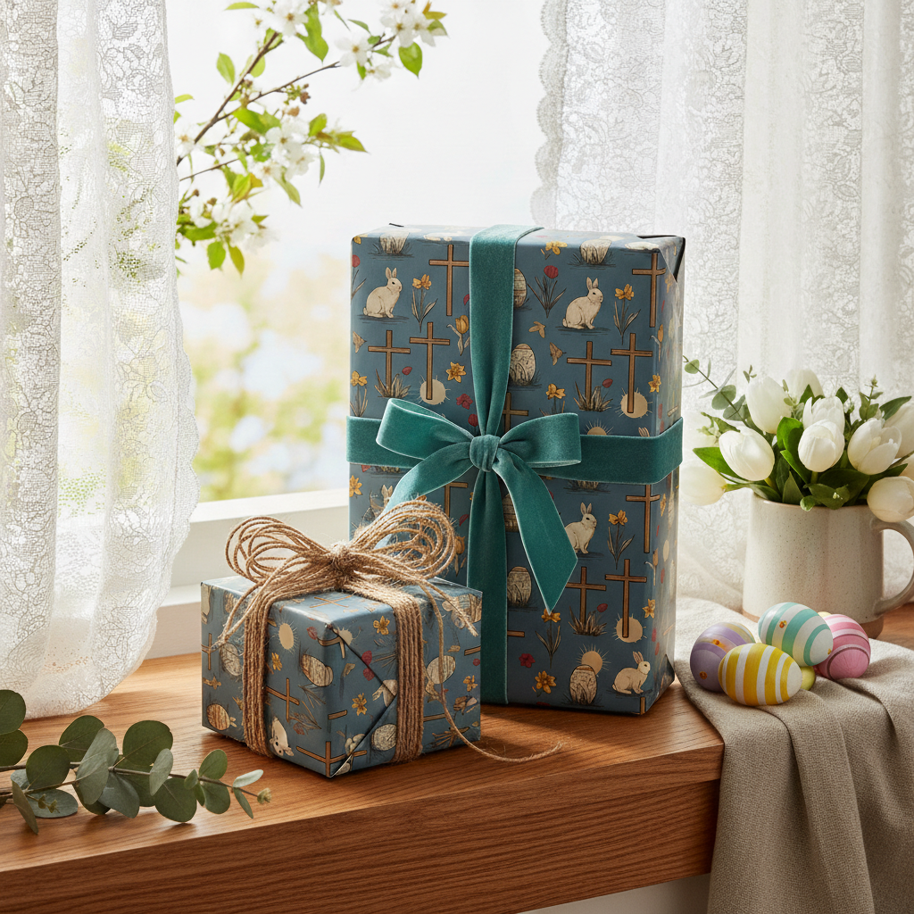 Elegant Easter gift wrap featuring a bunny, cross and floral pattern, with velvet ribbon and twine on wrapped boxes.