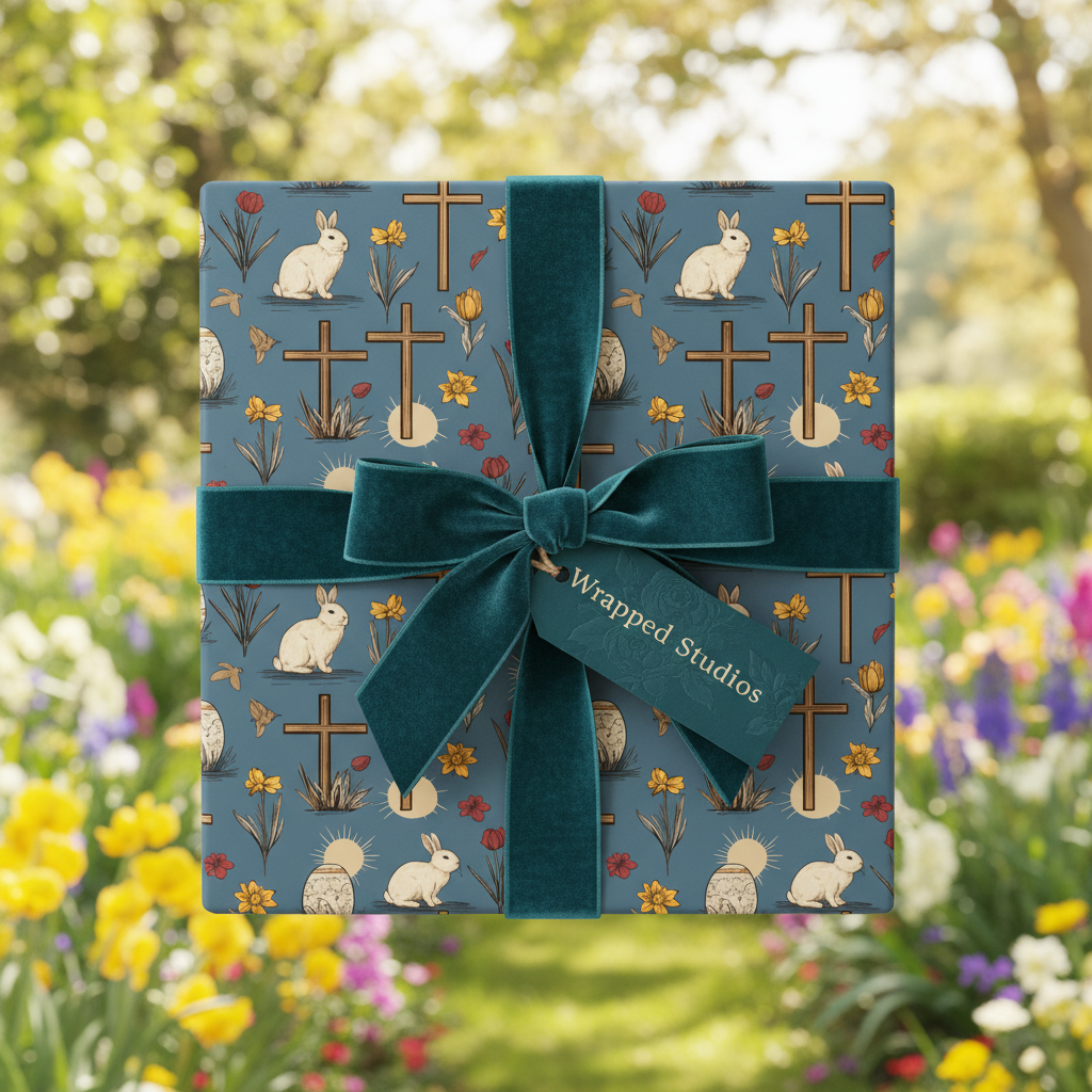 Elegant Easter gift wrap with floral, bunny, and cross pattern, tied with a velvet teal ribbon.