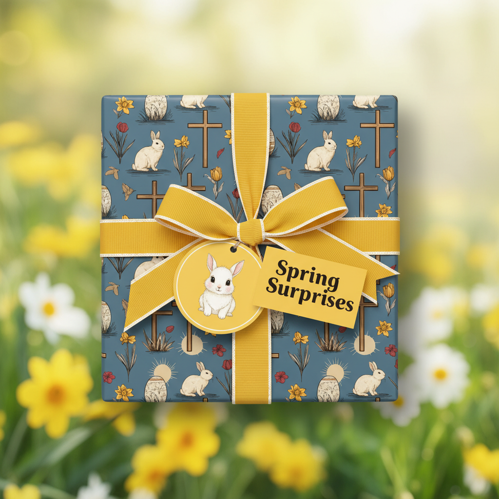 Square gift wrapped in blue Easter wrapping paper with a bunny, cross, flower, and egg pattern, tied with a yellow ribbon.