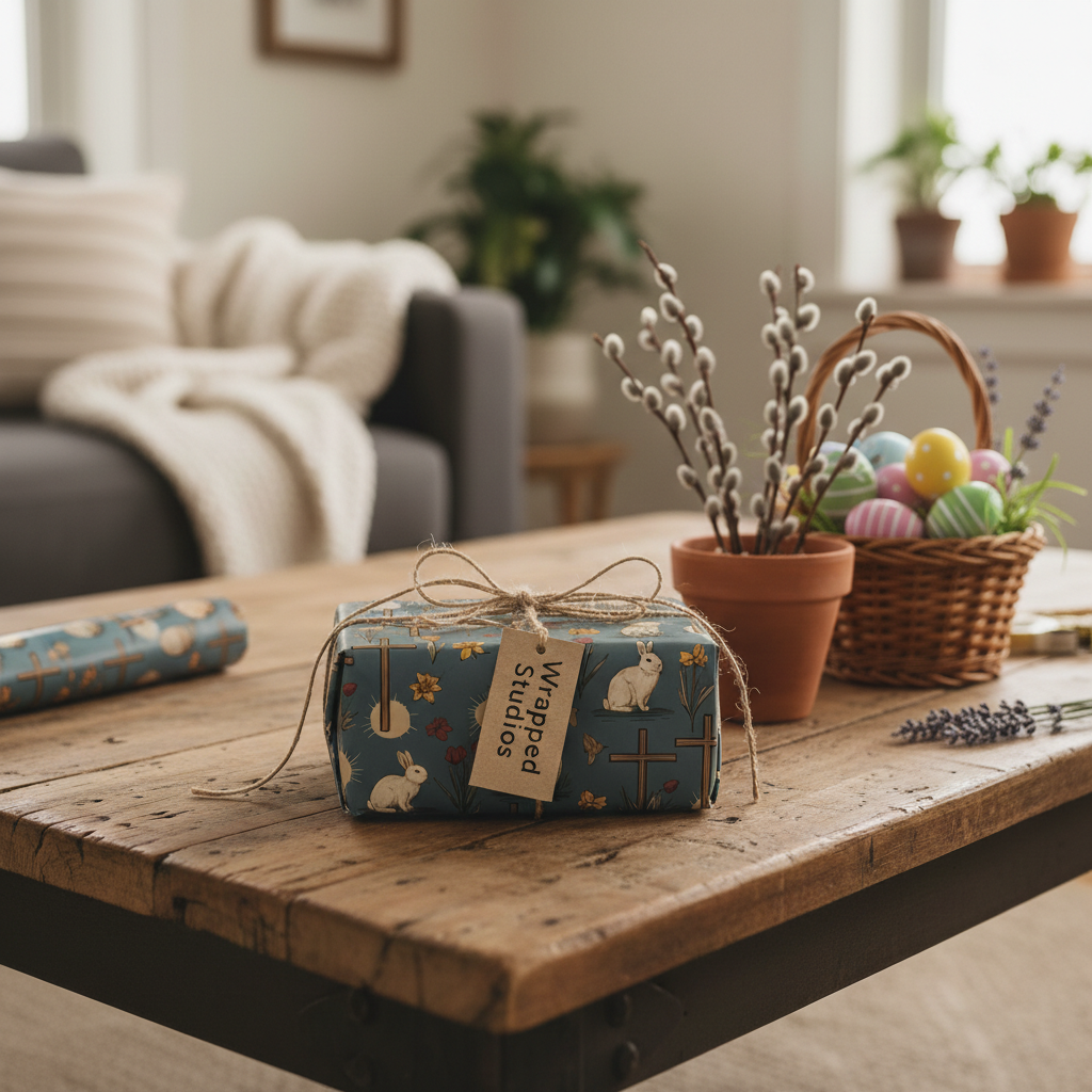 Easter gift wrapped in blue floral paper with bunny rabbit pattern, tied with rustic twine.