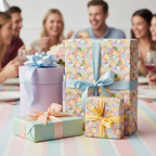 Pastel-colored birthday wrapping paper with blue, yellow, and peach ribbon on gifts at a party.