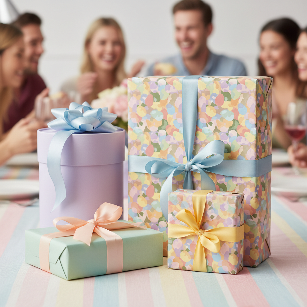 Pastel-colored birthday wrapping paper with blue, yellow, and peach ribbon on gifts at a party.