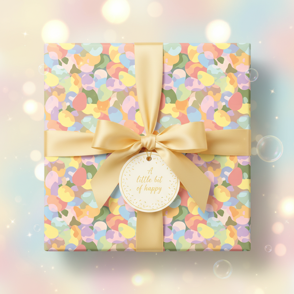 Pastel confetti birthday wrapping paper with gold ribbon and "A little bit of happy" tag.