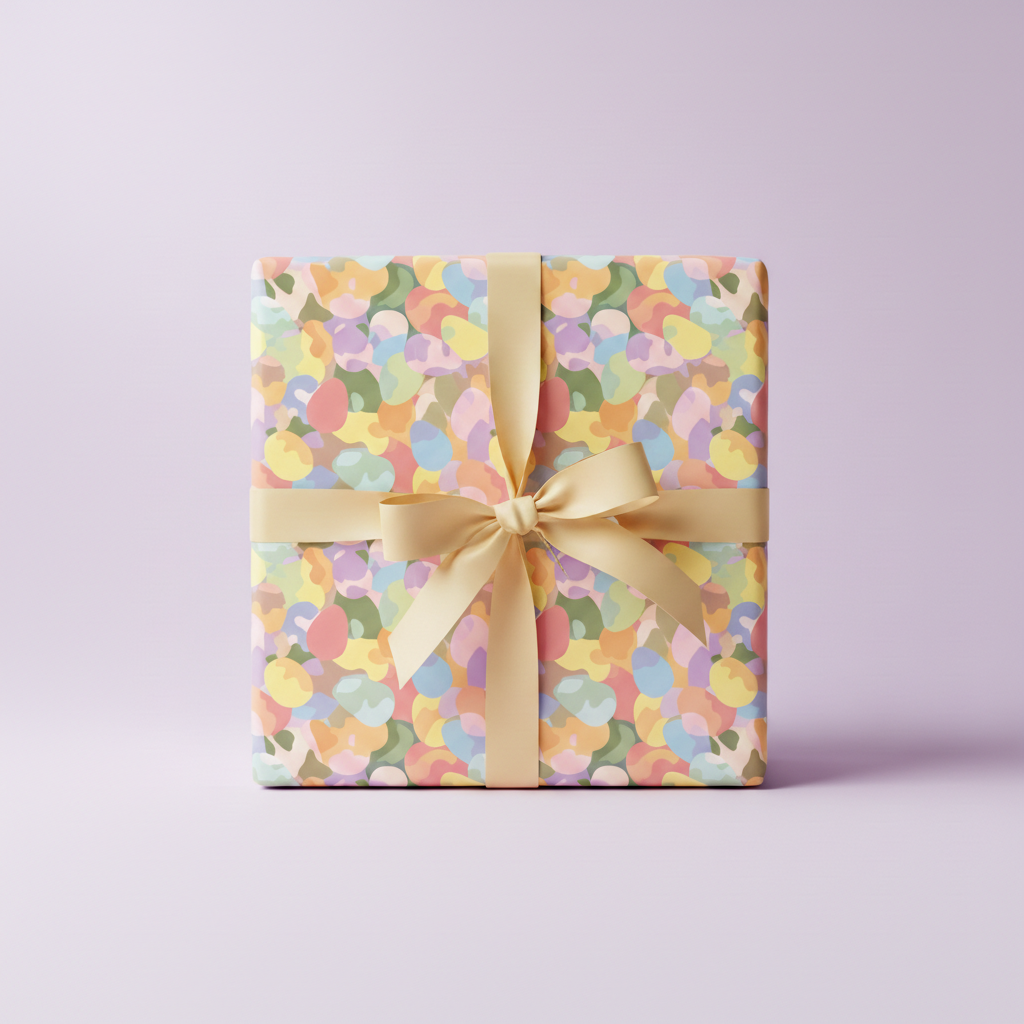 Square gift wrapped in colorful modern wrapping paper with a gold ribbon, perfect for birthday celebrations.