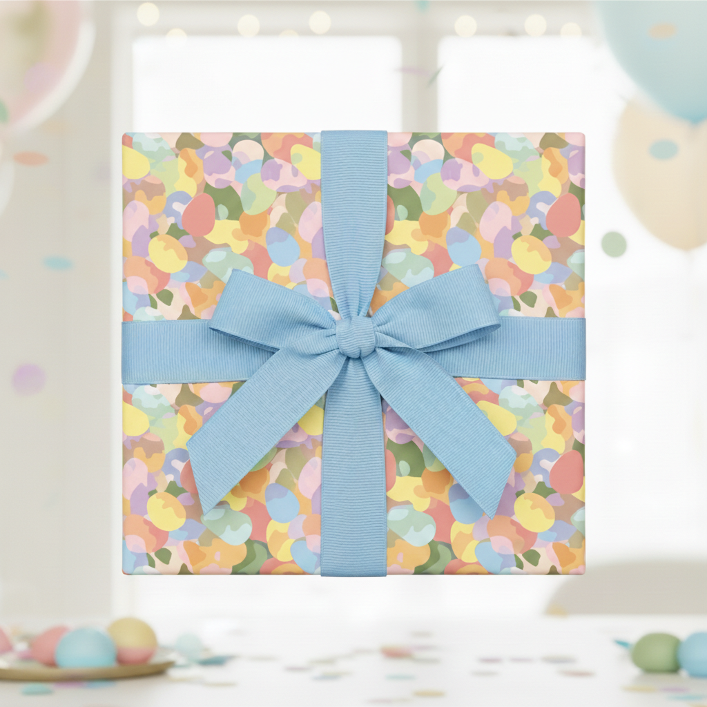 Square gift wrapped in pastel abstract patterned paper with blue ribbon.