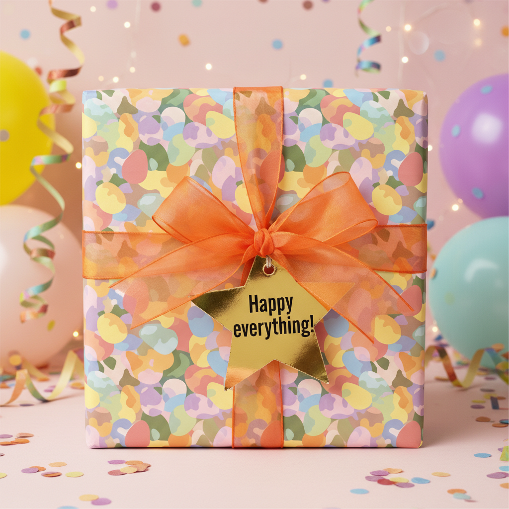 Pastel confetti wrapping paper on gift box with orange sheer ribbon & star tag wishing "Happy everything!"