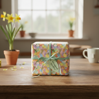 Square gift wrapped in pastel confetti wrapping paper with a sage green ribbon and gift tag.