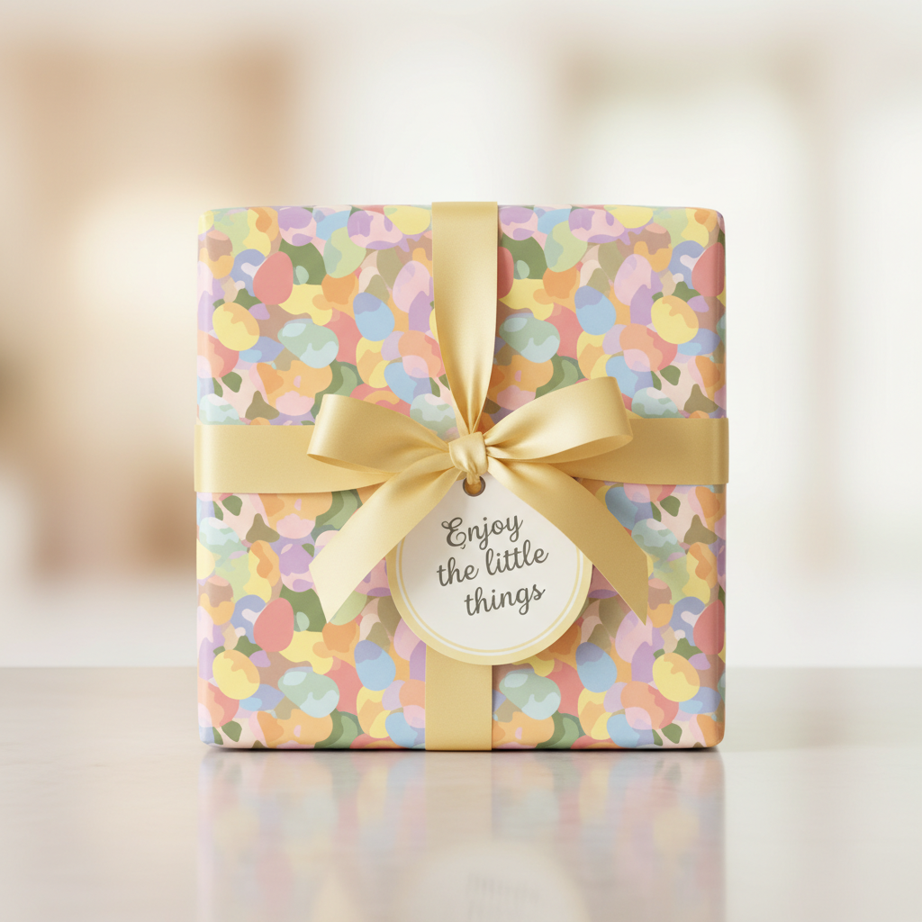 Square gift wrapped in modern, abstract floral wrapping paper with gold ribbon and "Enjoy the little things" tag.