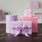 Pink and purple birthday wrapping paper with ribbon on gift boxes and round container.