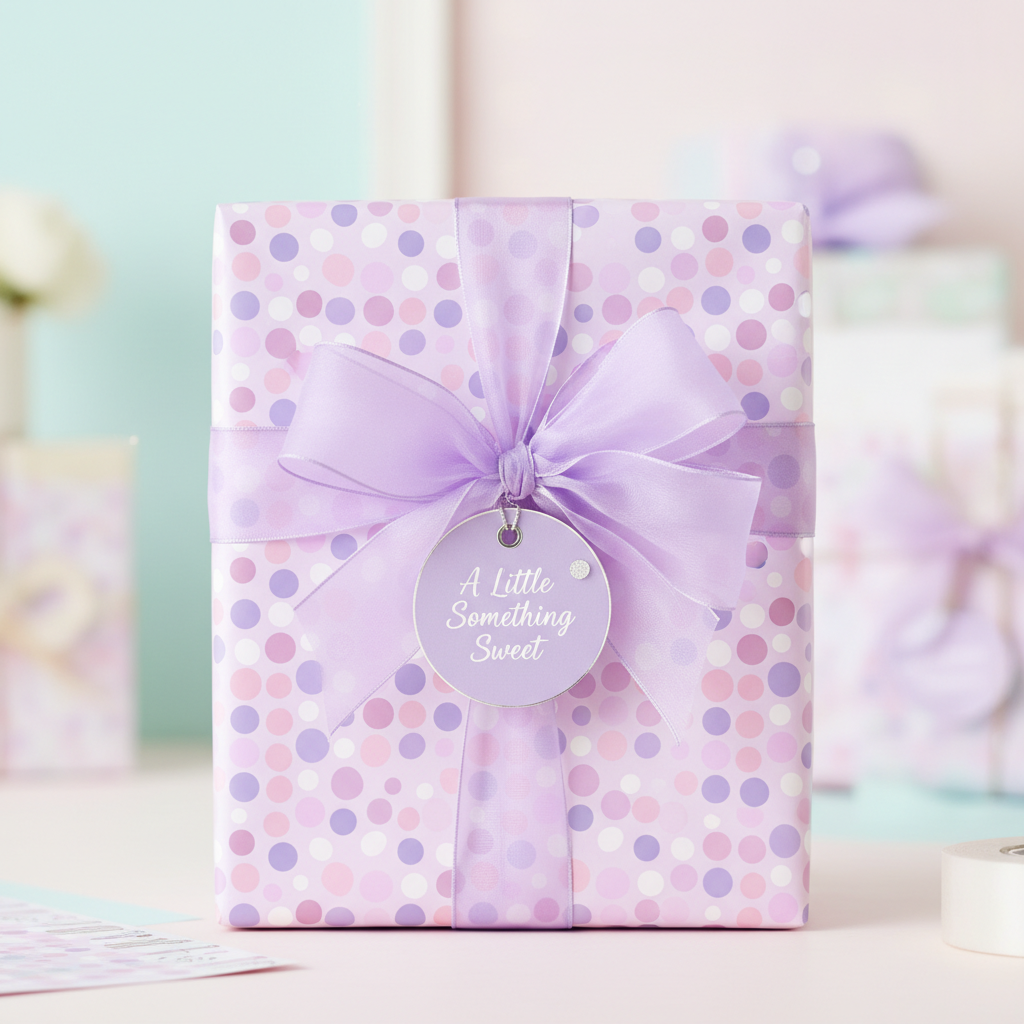Lavender gift box with dotted wrapping paper and satin ribbon, ideal birthday wrapping paper for her.