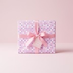 Gift wrapped in lavender and pink polka dot wrapping paper with a pink satin ribbon bow.