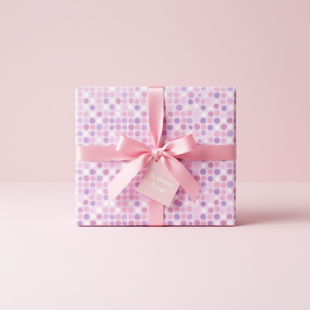 Gift wrapped in lavender and pink polka dot wrapping paper with a pink satin ribbon bow.
