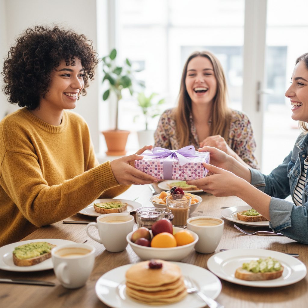 Friends exchanging a gift wrapped in purple-polka-dot birthday wrapping paper with a ribbon at a brunch celebration.