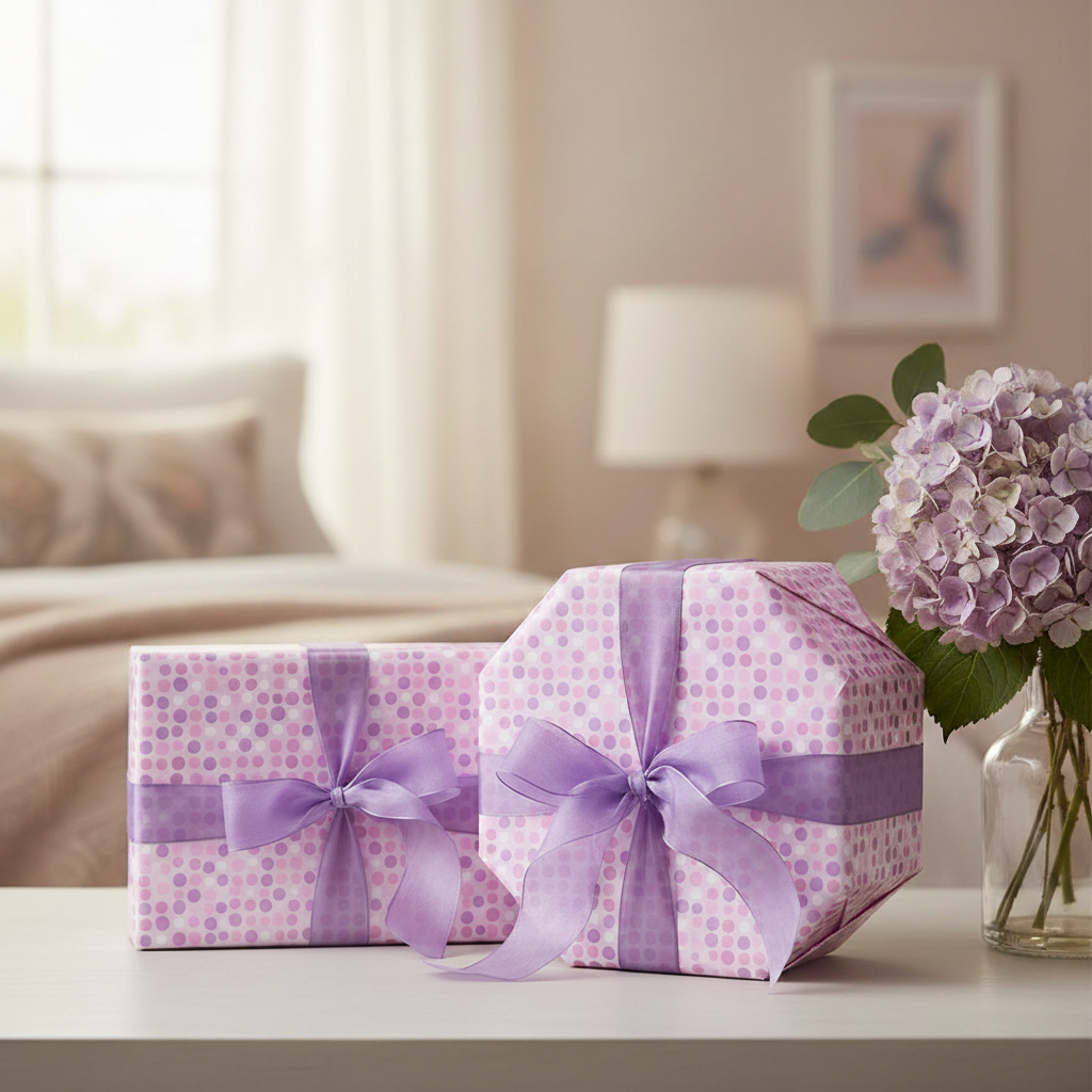 Gifts wrapped in pink polka dot wrapping paper with lilac ribbons, perfect for birthday presents.