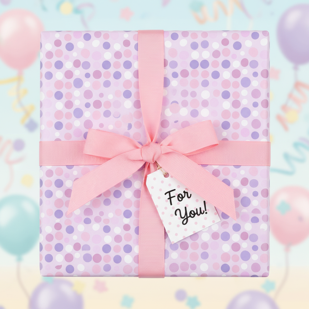 Square gift wrapped in pastel polka dot birthday wrapping paper with pink ribbon and "For You!" tag.