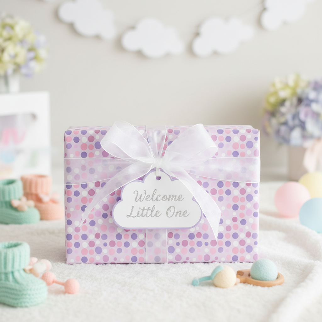 Baby shower gift with polka dot wrapping paper, white ribbon, and "Welcome Little One" tag.