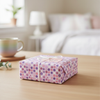Gift wrapped in pink polka dot birthday wrapping paper with a white ribbon and a heart-shaped tag.