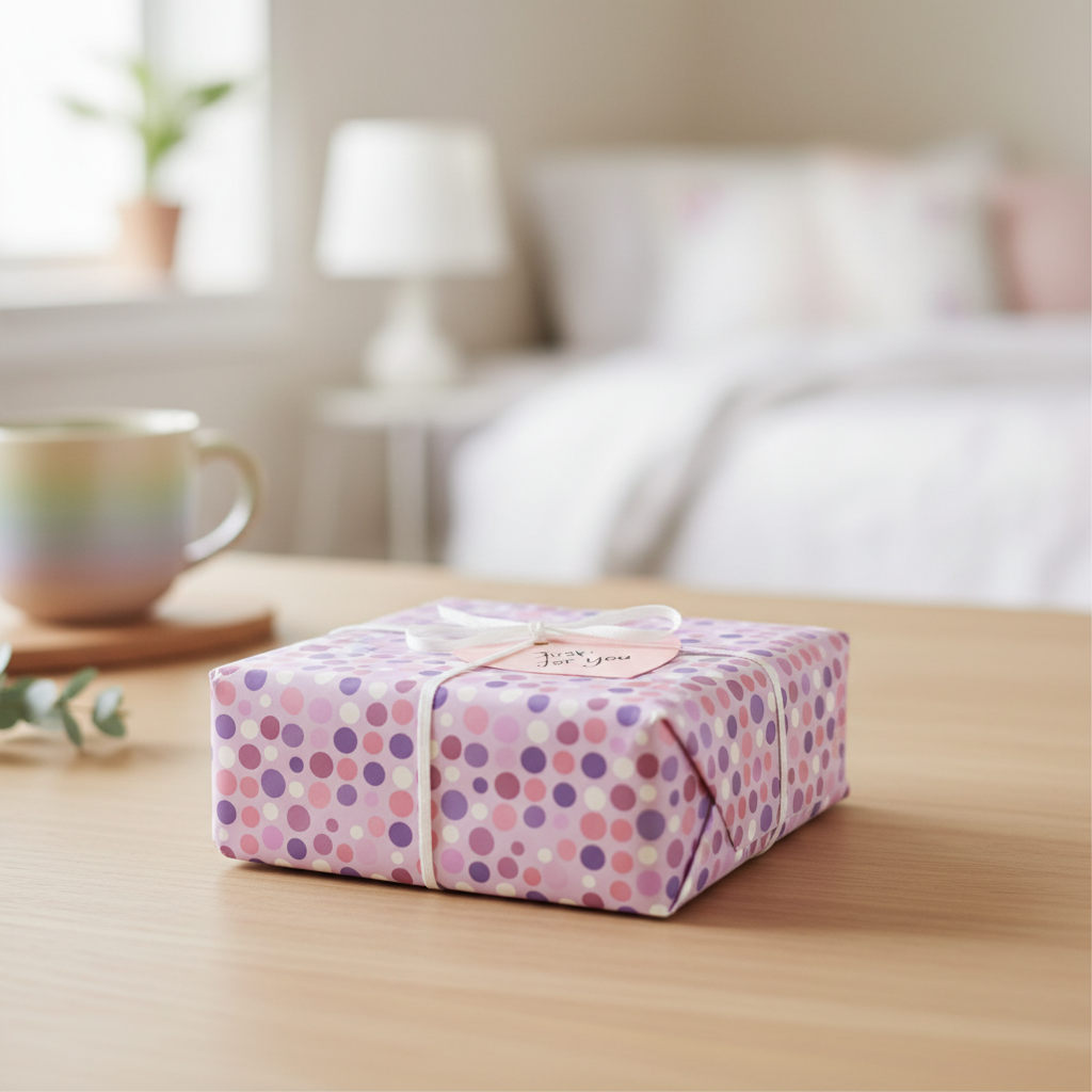 Gift wrapped in pink polka dot birthday wrapping paper with a white ribbon and a heart-shaped tag.