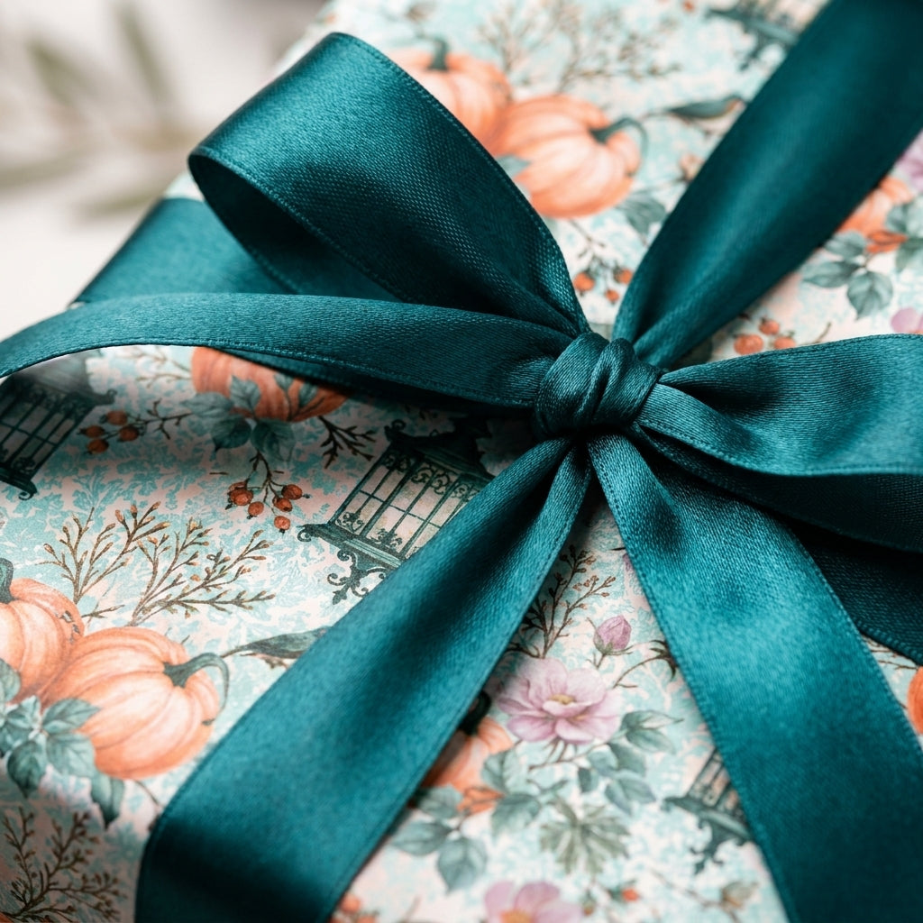 Luxury pumpkin and floral fall wrapping paper with a teal satin bow by Wrapped Studios.