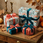 Teal vintage pumpkin wrapping paper and luxury fall gift wrap with velvet ribbons by Wrapped Studios.