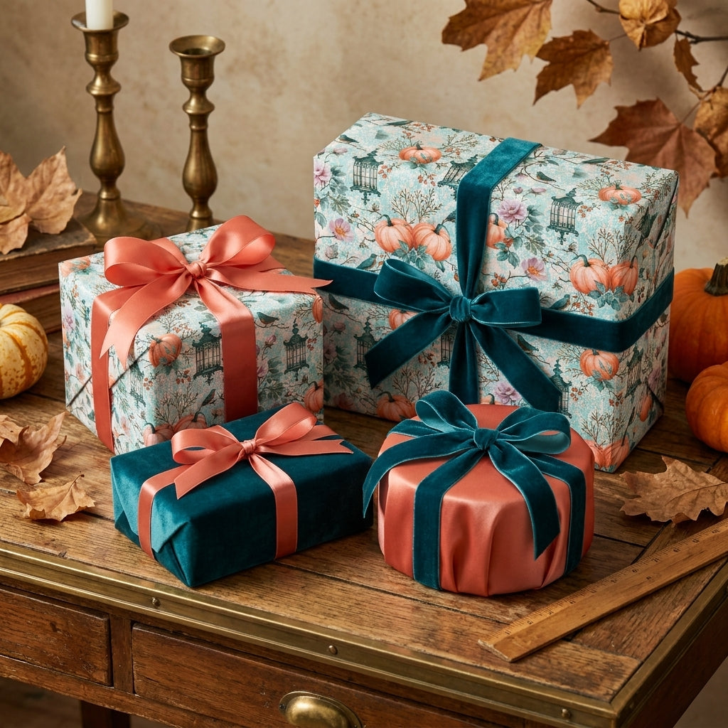 Teal vintage pumpkin wrapping paper and luxury fall gift wrap with velvet ribbons by Wrapped Studios.