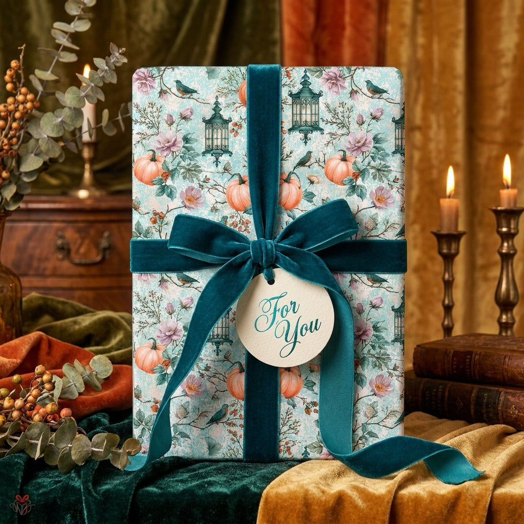 Elegant fall wrapping paper with a vintage pumpkin pattern and teal velvet ribbon by Wrapped Studios.