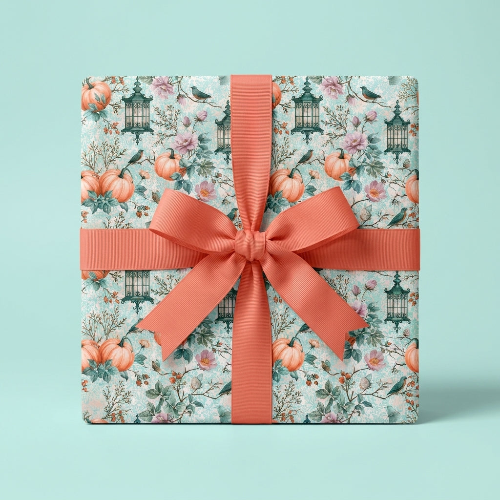 Vintage pumpkin wrapping paper with autumn floral pattern and coral bow by Wrapped Studios.